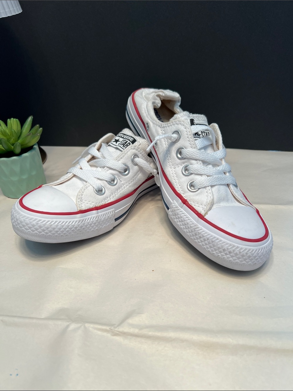 Converse White Low-Top Canvas Sneakers with Red Stripe Size 6.5 (euro 36.5)